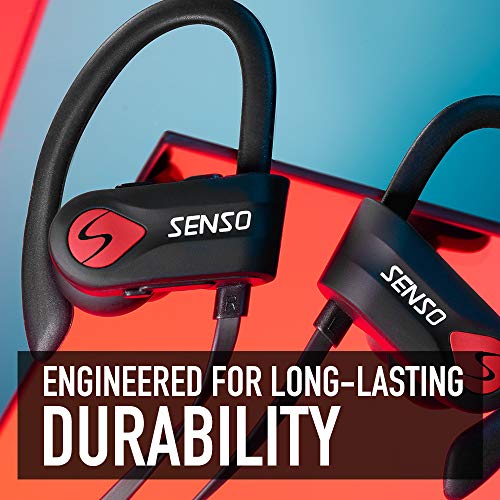 Senso Bluetooth Headphones, Best Wireless Sports Earphones w/Mic IPX7 Waterproof HD Stereo Sweatproof Earbuds for Gym Running Workout 8 Hour Battery Noise Cancelling Headsets (Black Red)