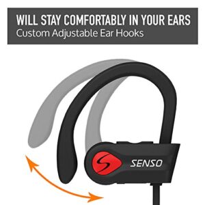 Senso Bluetooth Headphones, Best Wireless Sports Earphones w/Mic IPX7 Waterproof HD Stereo Sweatproof Earbuds for Gym Running Workout 8 Hour Battery Noise Cancelling Headsets (Black Red)