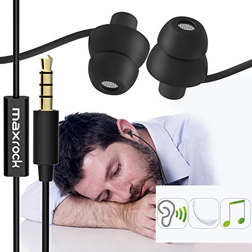 MAXROCK (TM Unique Total Soft Silicon Sleeping Headphones Earplugs Earbuds with Mic for Cellphones,Tablets and 3.5 mm Jack Plug (Black)