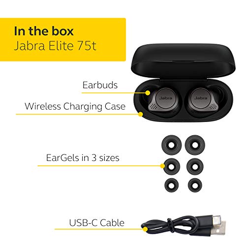 Jabra Elite 75t– True Wireless Earbuds with Charging Case, Titanium Black – Active Noise Cancelling Bluetooth Earbuds with a Comfortable, Secure Fit, Long Battery Life, Great Sound