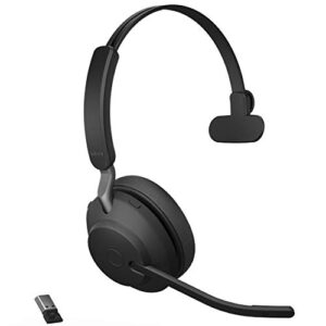 jabra evolve2 65 ms wireless headset with link380a, mono, black – wireless bluetooth headset for calls and music, 37 hours of battery life, passive noise cancelling headphones