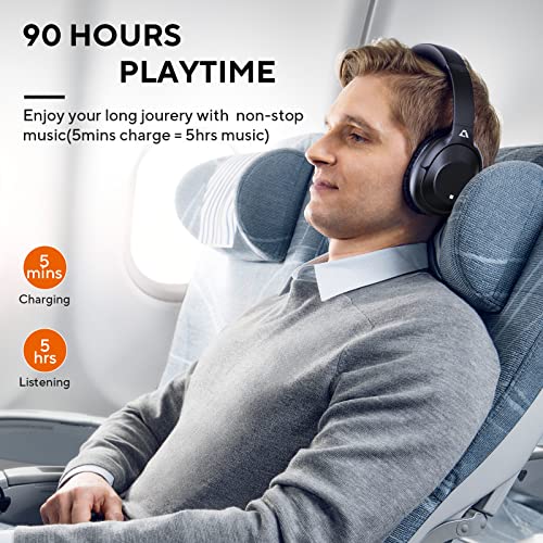 Ankbit E500Pro Hybrid Active Noise Cancelling Headphones, 90H Playtime Wireless Over-Ear Bluetooth Headphones with Mic, Hi-Fi Sound, Deep Bass, Multi-Connection, Comfort Earpad for Travel/Work(Black)