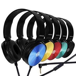 premium classroom headphone with microphone (5 pack) – kids wired earphones with mic for school students k-12 & teachers, soft swivel on ear pads- perfect for e-learning, meetings, calls -(colorful)