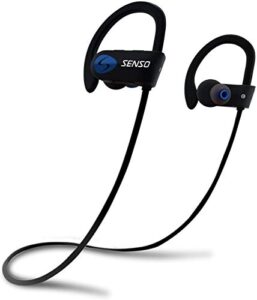 senso bluetooth headphones, best wireless sports earphones w/mic ipx7 waterproof hd stereo sweatproof earbuds for gym running workout 8 hour battery noise cancelling headsets (black blue)