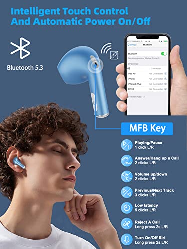 Wireless Earbuds Bluetooth 5.3 Earphones IPX6 Waterproof Headphones 2022 New Stereo Headsets with 4 Mics USB-C Charging Case in Ear 30H Deep Bass Noise Cancelling Ear Buds for iPhone Android iOS Blue