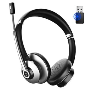 bluetooth headset with microphone, wireless headphones with noise cancelling mic, on ear headphones with usb audio dongle for pc, handsfree 26 hrs/dual connect/mute button, for skype|zoom|ms teams