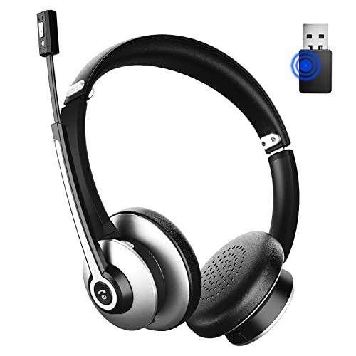 Bluetooth Headset with Microphone, Wireless Headphones with Noise Cancelling Mic, On Ear Headphones with USB Audio Dongle for PC, Handsfree 26 Hrs/Dual Connect/Mute Button, for Skype|Zoom|MS Teams