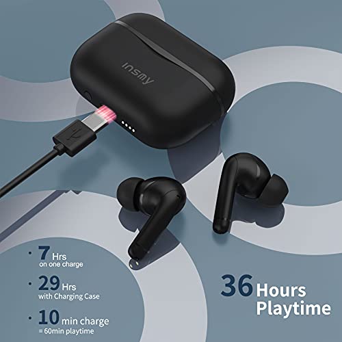 INSMY Wireless Earbuds Hybrid Active Noise Cancelling Waterproof Earphones with 6 Mics for Clear Calls Authentic Audio Big Bass, 36 Hours Playtime Bluetooth in-Ear Headphones ANC/Ambient Mode (Black)