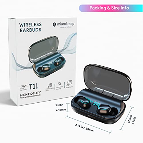 miumiupop Wireless Bluetooth Earbuds, Immersive Bass Stereo Noise Cancelling Headphones, Portable Charging Case with LED Display, Headset for Sports, Home, Work Black (T11)