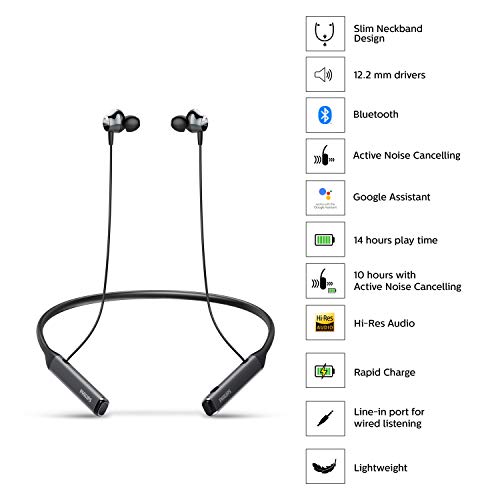 Philips Wireless Neckband Headphones PN505 with Active Noise Canceling, Voice Assistance, Up to 14hours Play time, Hi-Res Audio (TAPN505BK), Black