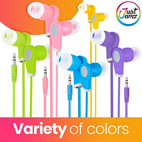 JustJamz Earbuds Bulk Bits, 30 Pack | Multicolored Earbuds Pack, in-Ear 3.5mm Stereo in-Ear Earphones, Ear Buds Bulk, Disposable Headphones, Multi-Color Earphones | School, Kids, Classroom, Library