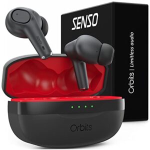 senso orbits wireless earbuds bluetooth headphones with compact usb-c quick charging case, premium sound deep bass ear buds, 4 mics enc noise cancelling for clear calls, ipx waterproof for gym running
