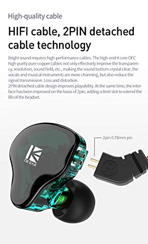 Kbear KS2 in Ear Monitor Wired Earbuds IEM Stereo Bass Earphone, HiFi Headphones Noise Cancelling 1BA 1DD High Resolution Headsets with Detachable Cable for Running Walking Stage (Without Mic, Green)