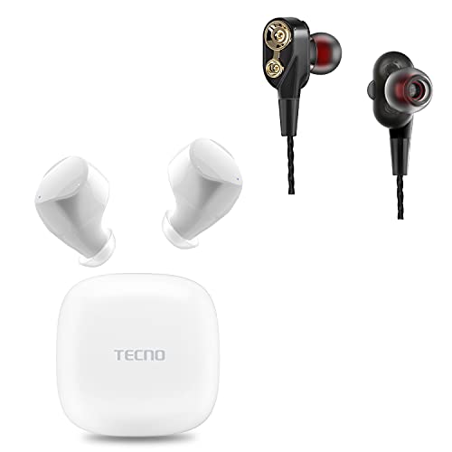 Tecno H2 True Wireless Earbuds Noise Cancelling,Wireless Bluetooth Headphone with Microphone& J2 Wired Earbuds with Microphone