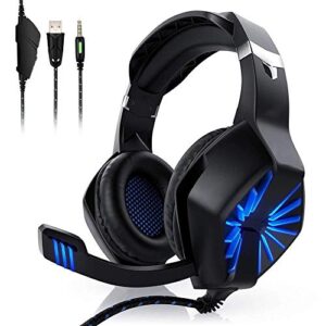 gaming headset ps4 – stereo surround sound gaming headset with noise cancelling mic & in-line control, over-ear gaming headphones with led light,