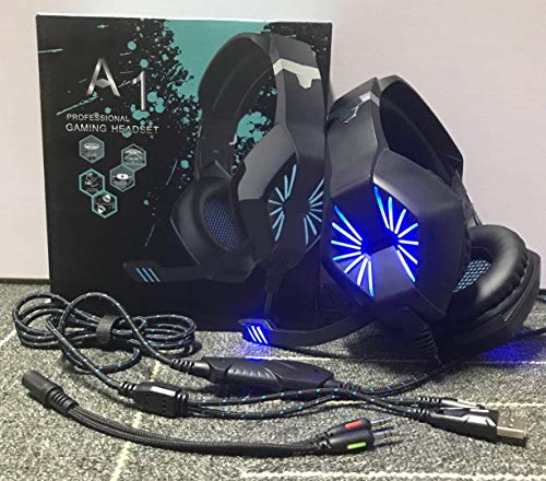 Gaming Headset PS4 - Stereo Surround Sound Gaming Headset with Noise Cancelling Mic & in-Line Control, Over-Ear Gaming Headphones with LED Light,