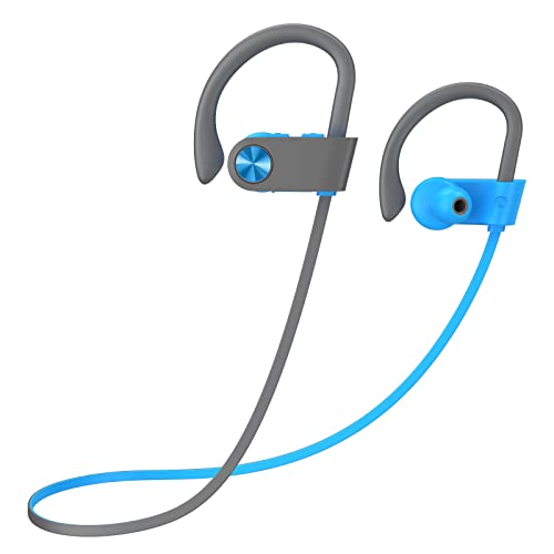 LIVIKEY Bluetooth Headphones, IPX7 Waterproof Sweatproof & 12Hrs Long Battery, Wireless Earbuds in-Ear with Mic & Soft Earhooks for Running Fitness Workout Sports, BlueGray