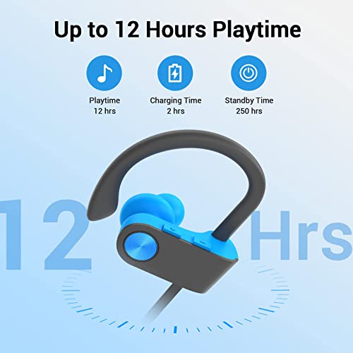 LIVIKEY Bluetooth Headphones, IPX7 Waterproof Sweatproof & 12Hrs Long Battery, Wireless Earbuds in-Ear with Mic & Soft Earhooks for Running Fitness Workout Sports, BlueGray