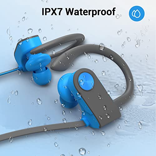 LIVIKEY Bluetooth Headphones, IPX7 Waterproof Sweatproof & 12Hrs Long Battery, Wireless Earbuds in-Ear with Mic & Soft Earhooks for Running Fitness Workout Sports, BlueGray