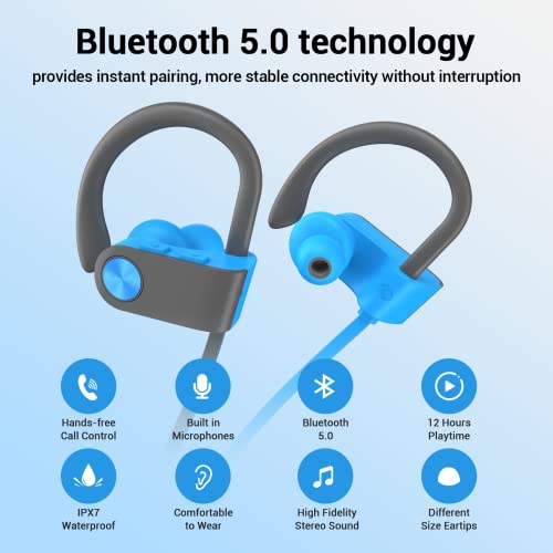 LIVIKEY Bluetooth Headphones, IPX7 Waterproof Sweatproof & 12Hrs Long Battery, Wireless Earbuds in-Ear with Mic & Soft Earhooks for Running Fitness Workout Sports, BlueGray