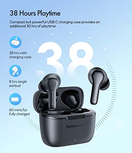 FUNSOUND Wireless Earbuds, Bluetooth Earbuds Noise Cancelling with 4 ENC Microphones, 38 Hours Playtime, IPX7 Waterproof Bluetooth 5.2 in-Ear Stereo Headphones for iPhone | Android, Black