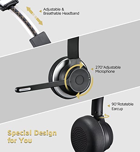 VOCLINE Wireless Headset with Microphone, 22H PC Wireless Headset, Over-Ear Wireless Headphone with Dual CVC8.0 Noise Canceling Mic, Mute Only Available on Smartphone, Support 3.5mm Connect