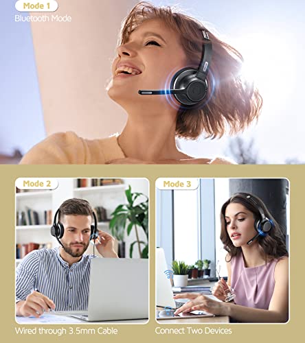 VOCLINE Wireless Headset with Microphone, 22H PC Wireless Headset, Over-Ear Wireless Headphone with Dual CVC8.0 Noise Canceling Mic, Mute Only Available on Smartphone, Support 3.5mm Connect