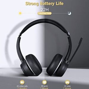 VOCLINE Wireless Headset with Microphone, 22H PC Wireless Headset, Over-Ear Wireless Headphone with Dual CVC8.0 Noise Canceling Mic, Mute Only Available on Smartphone, Support 3.5mm Connect