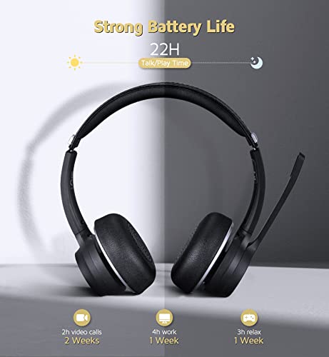 VOCLINE Wireless Headset with Microphone, 22H PC Wireless Headset, Over-Ear Wireless Headphone with Dual CVC8.0 Noise Canceling Mic, Mute Only Available on Smartphone, Support 3.5mm Connect