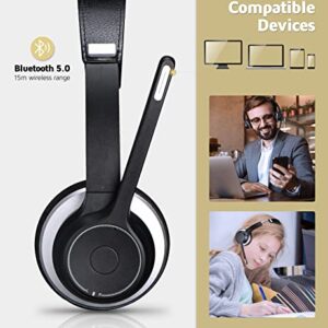 VOCLINE Wireless Headset with Microphone, 22H PC Wireless Headset, Over-Ear Wireless Headphone with Dual CVC8.0 Noise Canceling Mic, Mute Only Available on Smartphone, Support 3.5mm Connect