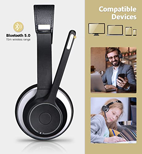 VOCLINE Wireless Headset with Microphone, 22H PC Wireless Headset, Over-Ear Wireless Headphone with Dual CVC8.0 Noise Canceling Mic, Mute Only Available on Smartphone, Support 3.5mm Connect