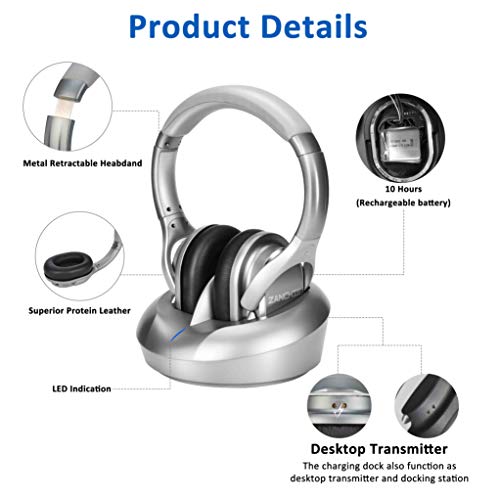 ZANCHIE TV Wireless Headphones, Over Ear Headsets with RF Transmitter Charging Dock, Digital Stereo TV Watching Headsets Ideal for Seniors & Hearing Impaired