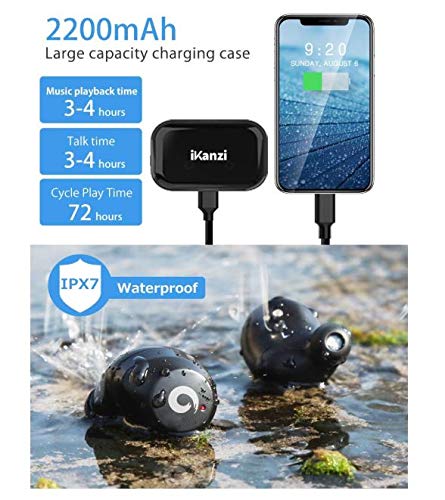 [Updated Version] Wireless Earbuds Bluetooth Headphones IKANZI iPX7 Waterproof 72H Cycle Play Time, 2200mAh Bluetooth 5.0 Auto Pairing Wireless Earphones Bluetooth Headset with Charging (Bright Black)