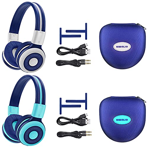 2 Pack of SIMOLIO Bluetooth Headphone for Teens, Kids Headphone with 75dB,85dB,94dB Volume Limited, Kids Bluetooth Headphone with Mic, On-Ear Headset with EVA Case (Mint+Grey)