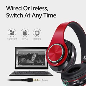 Bluetooth Headphones Over Ear Headphones with Deep Bass LED Foldable Stereo Headphones, Wired and Wireless Headset for Smart Phone/TV/PC(Red/Black)