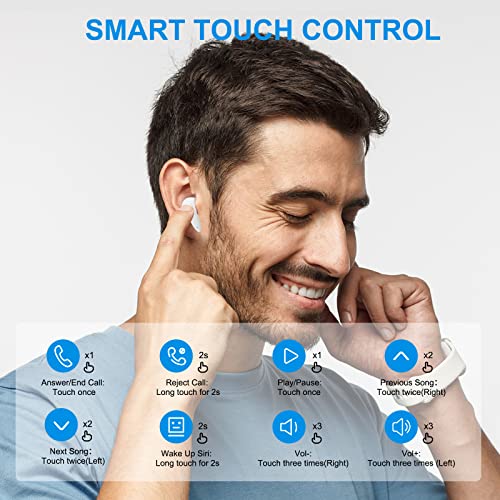 Wireless Earbuds Bluetooth Headphone for iPhone 14 Pro Max 13 12 11 XR, Bluetooth 5.1 Touch Control Lightweight Stereo Headphones Built-in Mic USB C Earphone for Sumsung Galaxy S23 S22 S21 iPad White