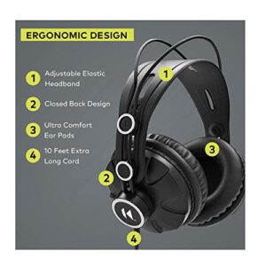 Knox Gear TX-100 Closed-Back Studio Monitor Headphones, Noise-Isolating Headphones for Gaming PC, Over Ear Wired Headphones for Recording & Music Production, Black Headphones, Studio Headphones