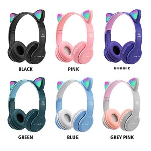 Kids Headphones, Cat Ear LED Light Up Bluetooth 5.0 Foldable Wireless Gaming Headset for Kids Adult, Comfortable Built-in Mic Noise Cancelling Over Ear Headphones(Purple)