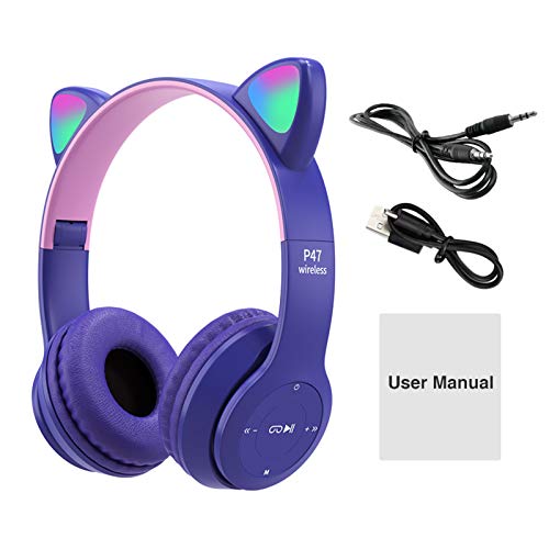 Kids Headphones, Cat Ear LED Light Up Bluetooth 5.0 Foldable Wireless Gaming Headset for Kids Adult, Comfortable Built-in Mic Noise Cancelling Over Ear Headphones(Purple)