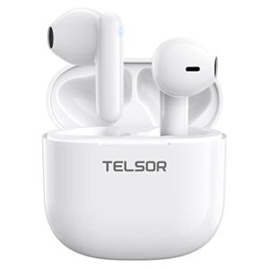 wireless earbuds for iphone, telsor bluetooth headphones touch control stereo sound bluetooth earbuds with noise cancelling mic for calls, 30h playtime, ipx7 waterproof earbuds for android, white