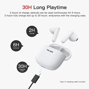 Wireless Earbuds for iPhone, TELSOR Bluetooth Headphones Touch Control Stereo Sound Bluetooth Earbuds with Noise Cancelling Mic for Calls, 30H Playtime, IPX7 Waterproof Earbuds for Android, White