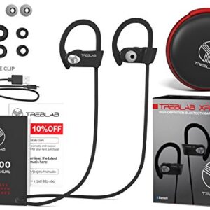 TREBLAB XR500 Bluetooth Headphones, Best Wireless Earbuds for Sports, Running Gym Workout. IPX7 Water Resistant, Sweatproof, Secure-Fit Headset. Noise Cancelling Earphones w/Mic