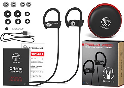 TREBLAB XR500 Bluetooth Headphones, Best Wireless Earbuds for Sports, Running Gym Workout. IPX7 Water Resistant, Sweatproof, Secure-Fit Headset. Noise Cancelling Earphones w/Mic