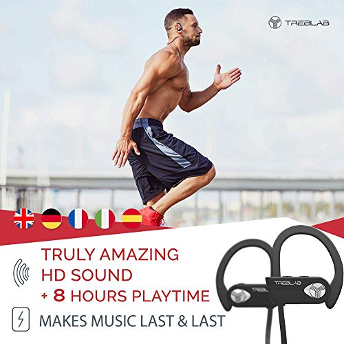 TREBLAB XR500 Bluetooth Headphones, Best Wireless Earbuds for Sports, Running Gym Workout. IPX7 Water Resistant, Sweatproof, Secure-Fit Headset. Noise Cancelling Earphones w/Mic