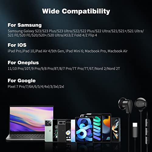 ACAGET USB Type C Headphones for Samsung Galaxy S23 S22 Ultra S21 Plus S20 FE A53 Setero Android Earphones Headset with Microphone Wired USB C Earbuds for iPad Pro Air Pixel 7 6 Oneplus 11 10T 9 Black