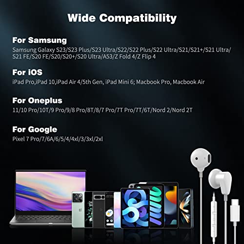 ACAGET USB C Headphones, Setero Android Earphones with Mic USB Type C Earbuds for Pixel 7 6 Pro Noise Canceling Headset Wired Headphone for Samsung Galaxy A53 S23 Ultra S22 Plus S21 FE Oneplus 9 White