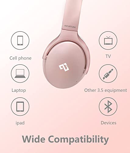 INFURTURE Active Noise Cancelling Headphones with Microphone, Wireless Over Ear Bluetooth Headphones-Black and Pink