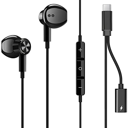 USB C Headphone for Samsung Galaxy S23 Ultra S22 A53, Type C Headphone Charging Adapter 2-in-1 Wired Earbuds with Mic PD Fast Charging Noise Canceling Earphone for Google Pixel 7 Pro 6 6A Flip 3