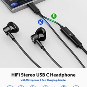 USB C Headphone for Samsung Galaxy S23 Ultra S22 A53, Type C Headphone Charging Adapter 2-in-1 Wired Earbuds with Mic PD Fast Charging Noise Canceling Earphone for Google Pixel 7 Pro 6 6A Flip 3