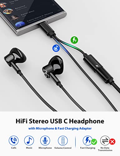 USB C Headphone for Samsung Galaxy S23 Ultra S22 A53, Type C Headphone Charging Adapter 2-in-1 Wired Earbuds with Mic PD Fast Charging Noise Canceling Earphone for Google Pixel 7 Pro 6 6A Flip 3